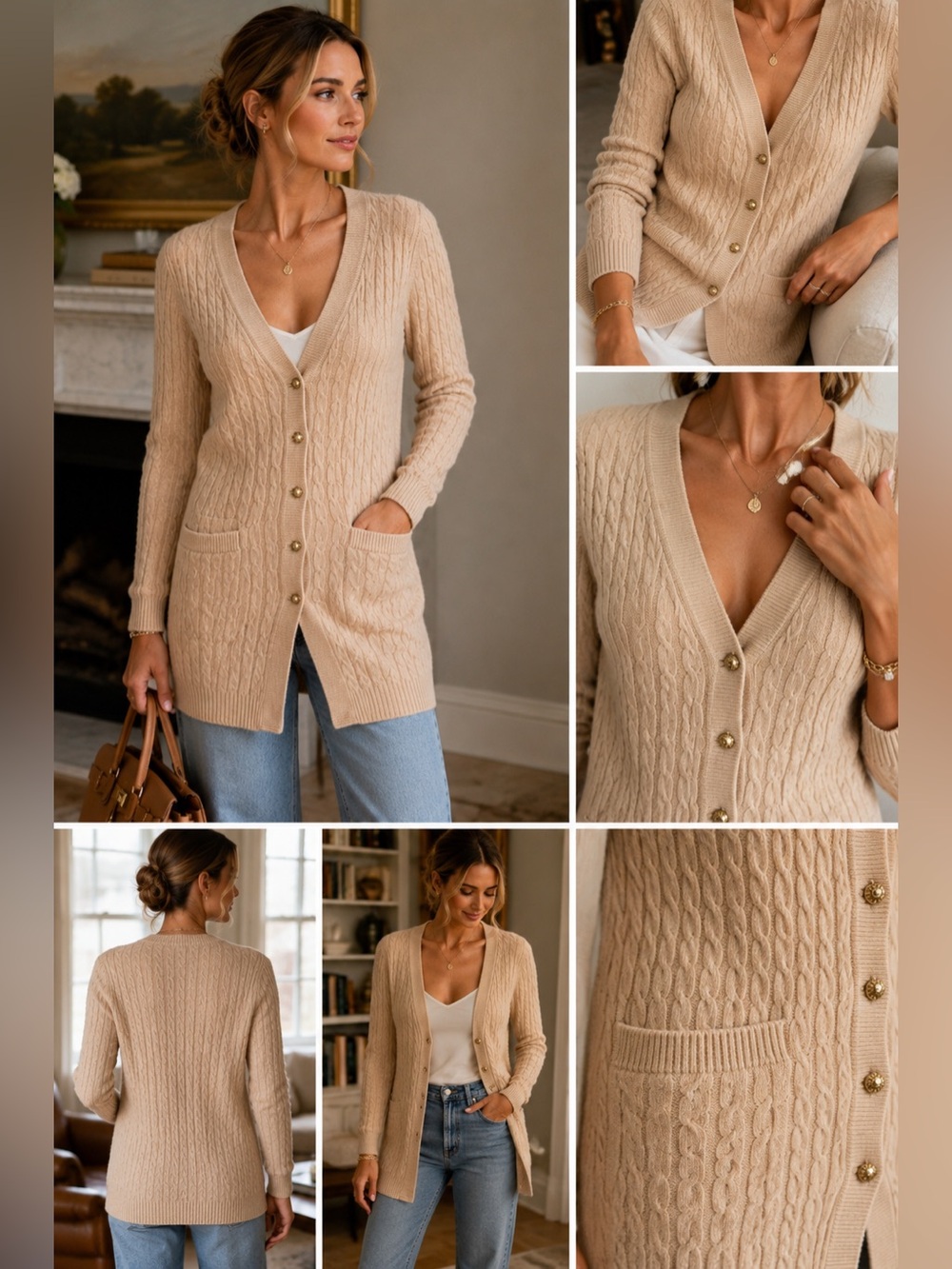 J.Crew Cable Knit Cashmere Blend Cardigan XS Beige Gold Buttons Quiet Luxury
